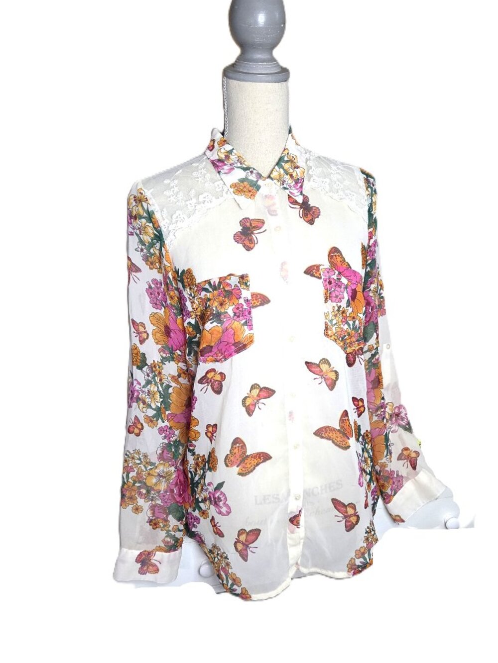 Women's Large Flower Floral Butterfly Semi Shear Lace Button Up Top Blouse